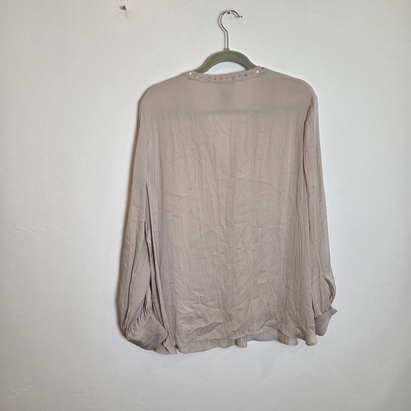 Carmen Marc Valvo Taupe Satin Peasant Blouse Top Slinky Formal Y2K Rhinestone XL - Picture 6 of 7